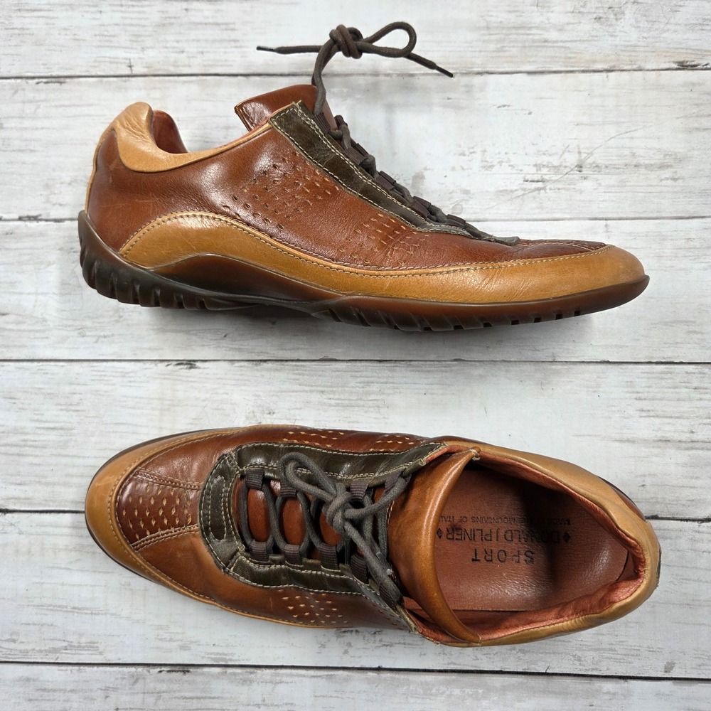 Donald J Pliner Sport Men 9.5 Brown 140 Front Leather Perforated Sneakers Italy